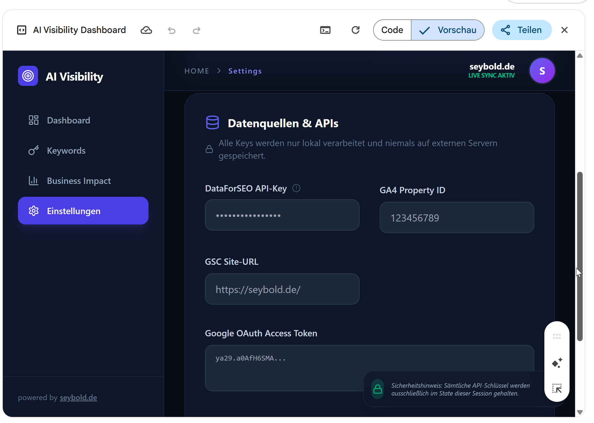 Gemini Dashboard AI Visibility von SEYBOLD.DE