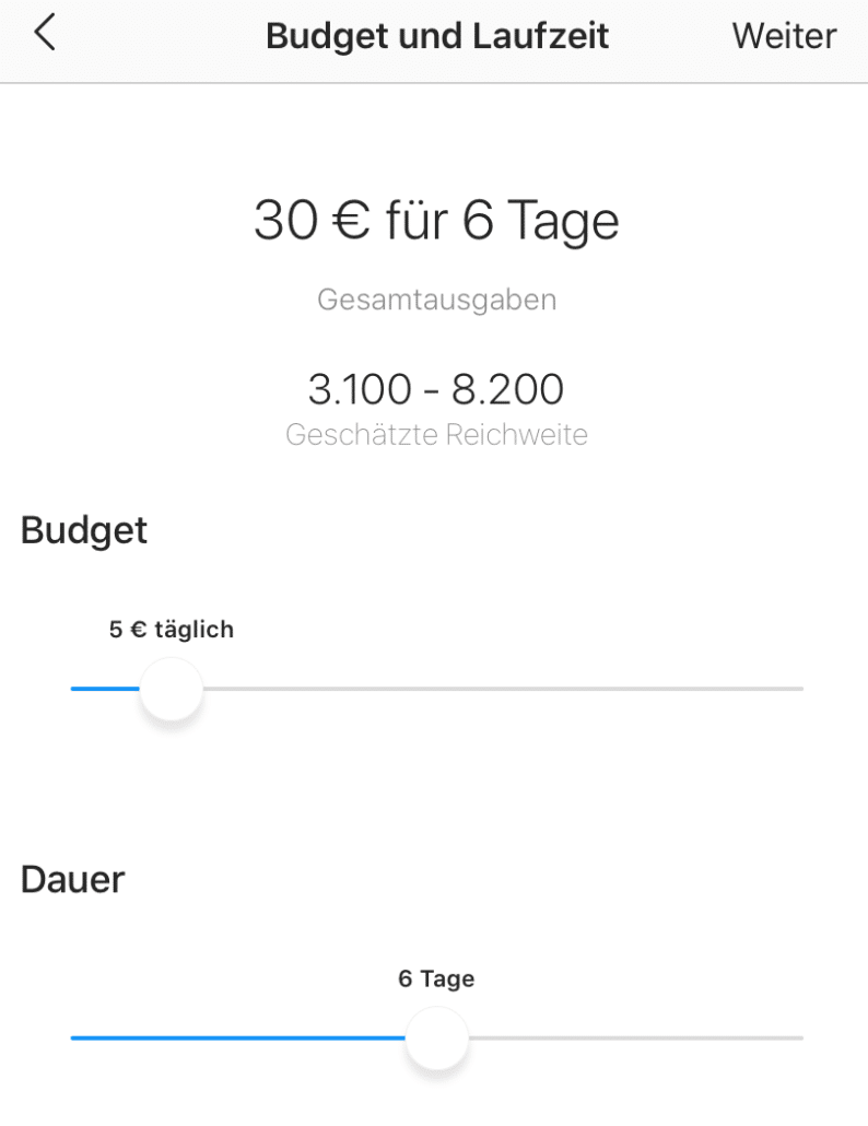 Budget und Laufzeit der Promotion - Instagram