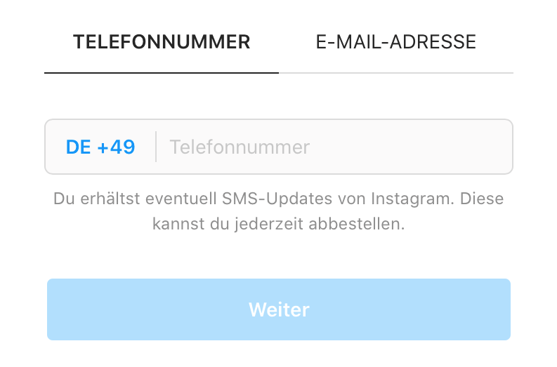 Anmeldung/Registrierung per Instagram - Telefonnummer