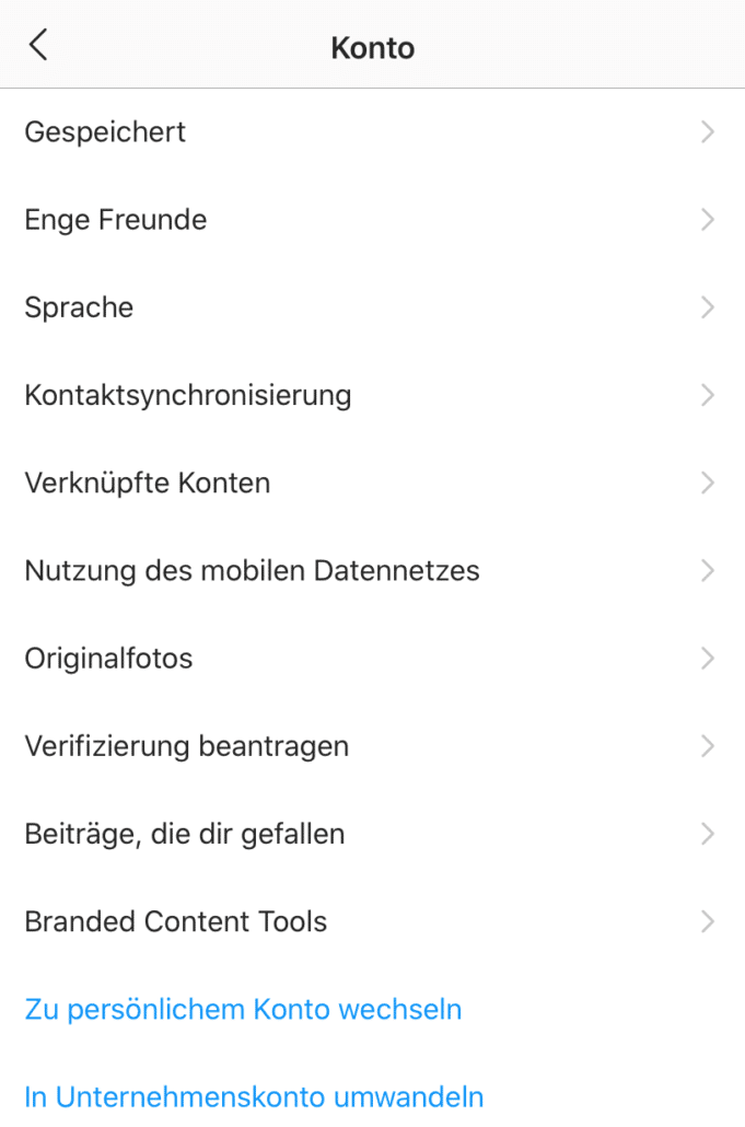 Kontoeinstellungen von Instagram _ Umstellung zum Unternehmenskonto