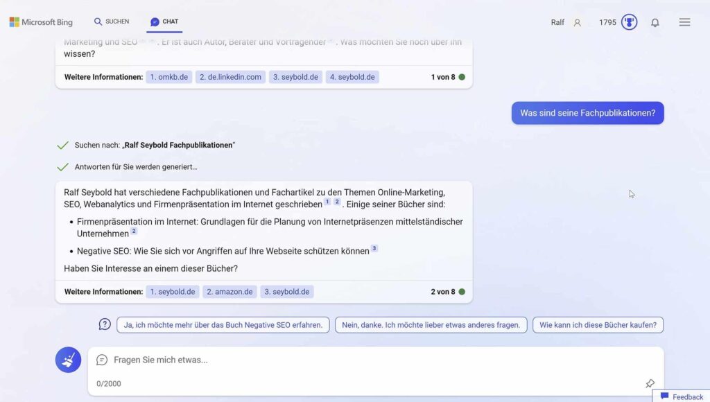 Chatbot von Bing beantwortet die Frage nach Fachpublikationen von Ralf Seybold