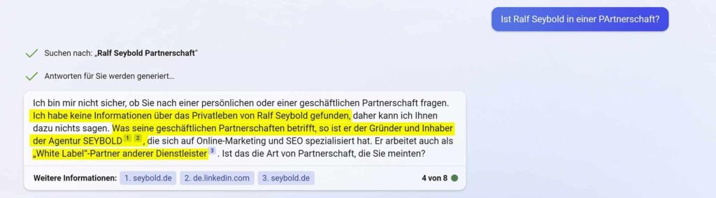 Chatbot von Bing beantwortet eine Frage zur Partnerschaft von Ralf Seybold