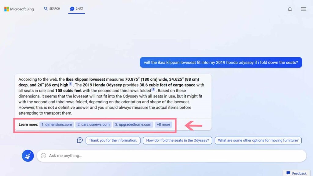 Chatbot von Bing gibt neben der Antwort zusaetzlich Links-an