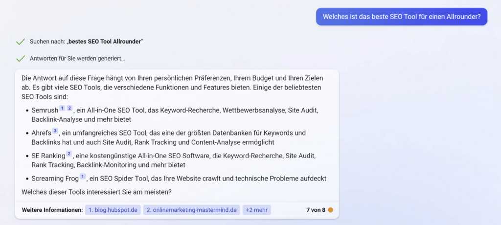 Chatbot von Bing listet SEO Tools auf