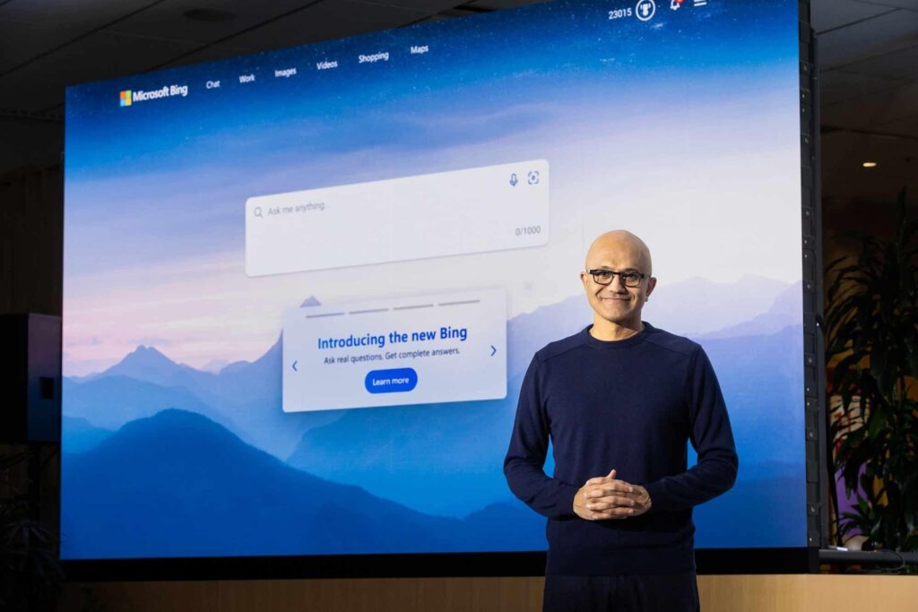 Satya Nadella Vorstand Microsoft kuendigt Bing mit ChatGPT an Satya Nadella Vorstand Microsoft kuendigt Bing mit ChatGPT an