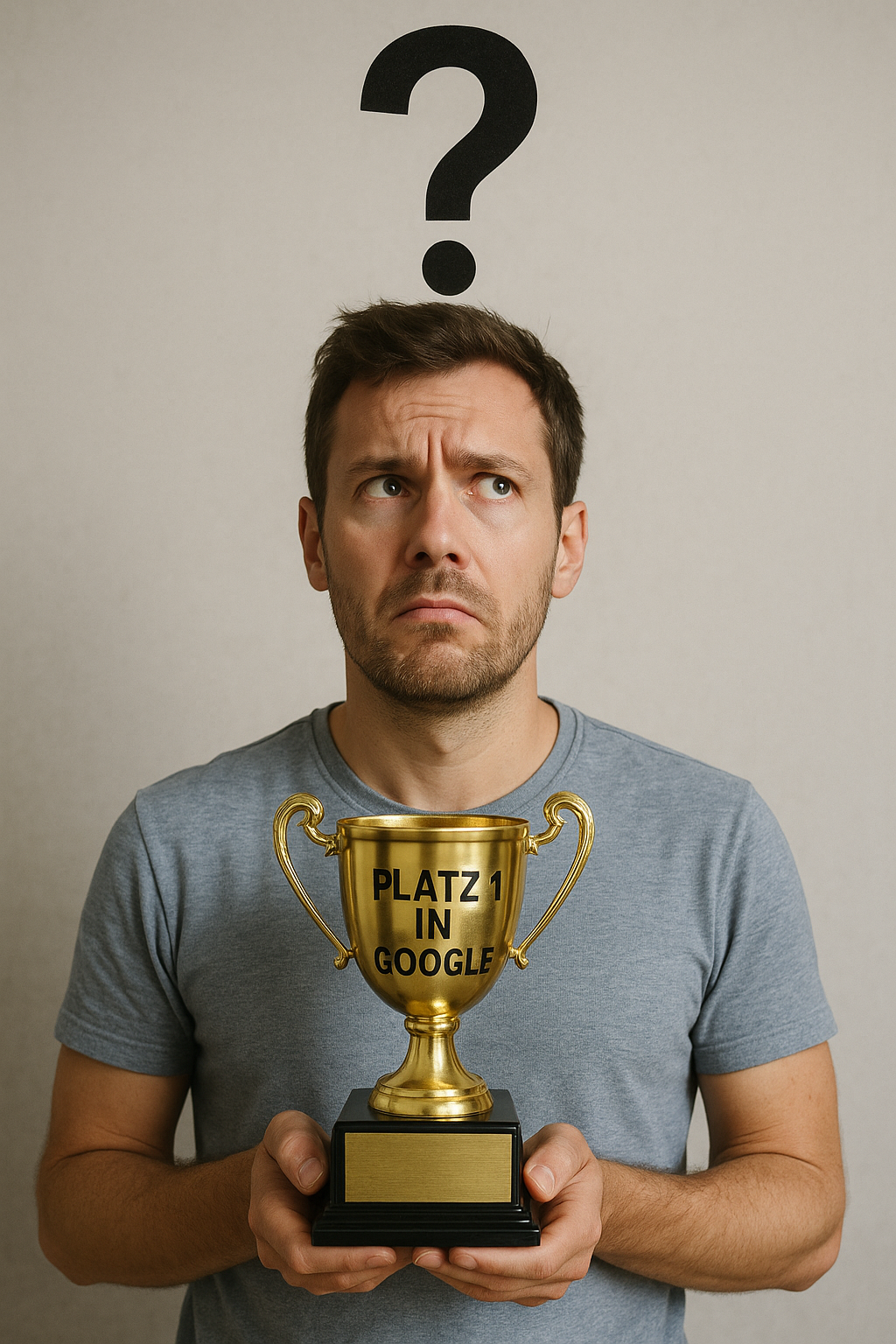 Kann man Platz 1 in Google erreichen? Mann mit Pokal fragt sich, ob er Platz 1 in Google erreichen kann