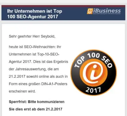 Top 100 SEO Agentur - Schreiben vom Hightext-Verlag 